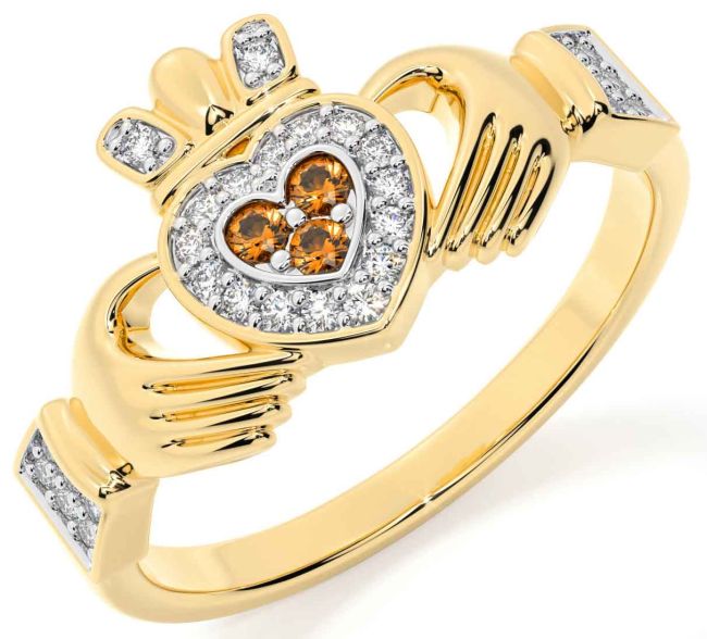 Diamond Citrine Gold Silver Claddagh Ring