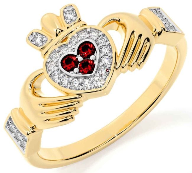 Diamond Garnet Gold Silver Claddagh Ring