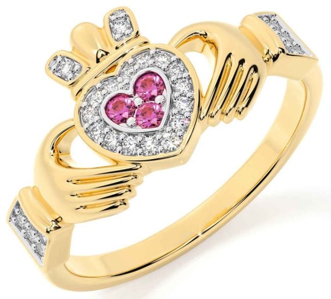 Diamond Pink Tourmaline Gold Silver Claddagh Ring