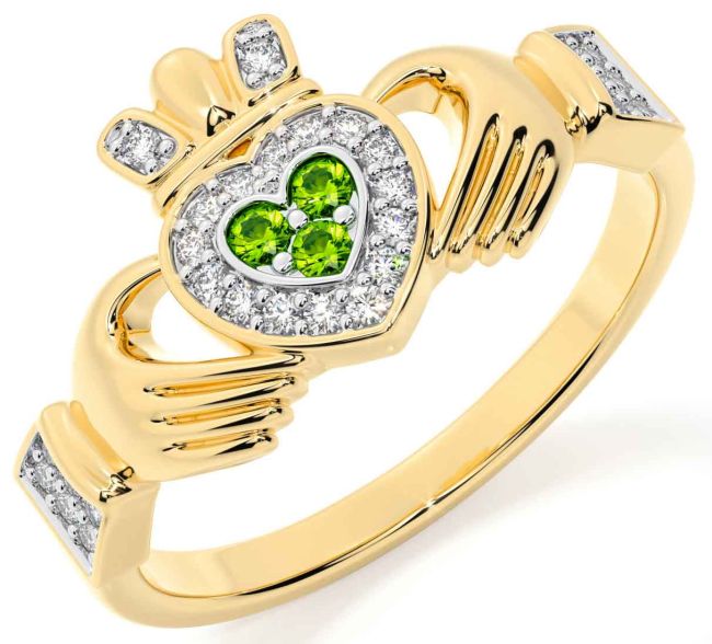 Diamond Peridot Gold Silver Claddagh Ring