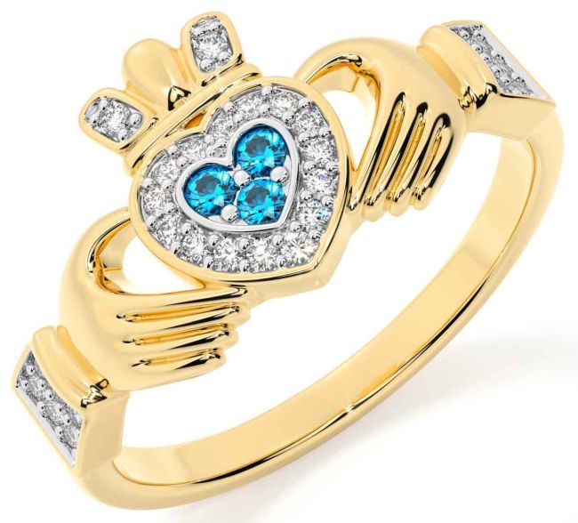 Diamond Topaz Gold Silver Claddagh Ring