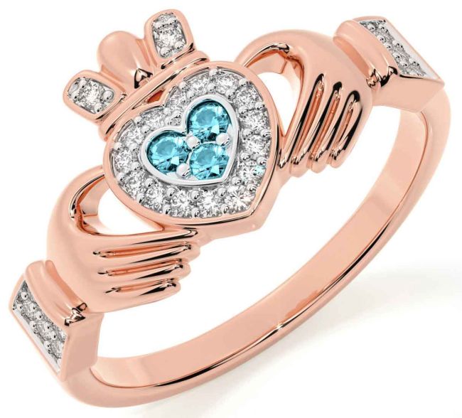 Diamond Aquamarine Rose Gold Claddagh Ring