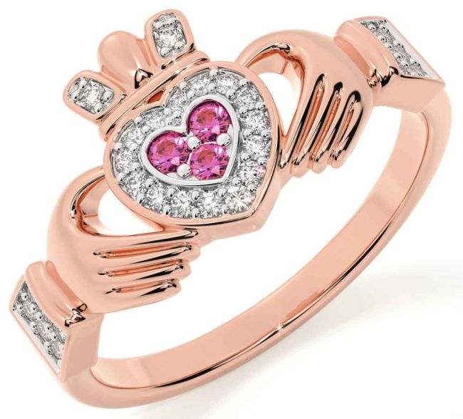 Diamond Pink Tourmaline Rose Gold Claddagh Ring