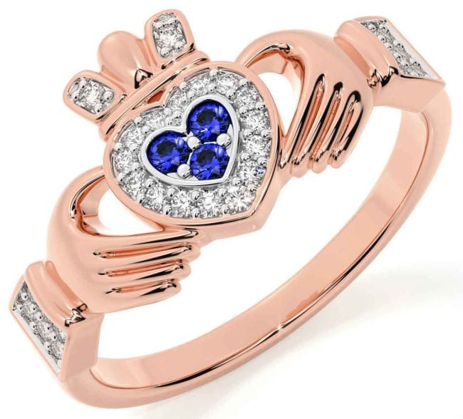 Diamond Sapphire Rose Gold Claddagh Ring