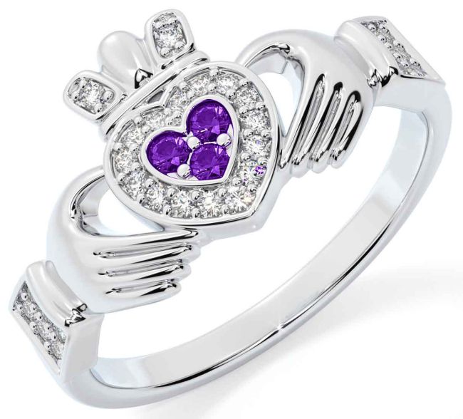 Diamond Amethyst Silver Claddagh Ring