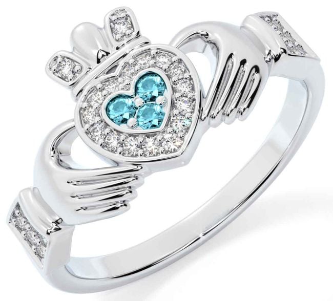 Diamond Aquamarine Silver Claddagh Ring