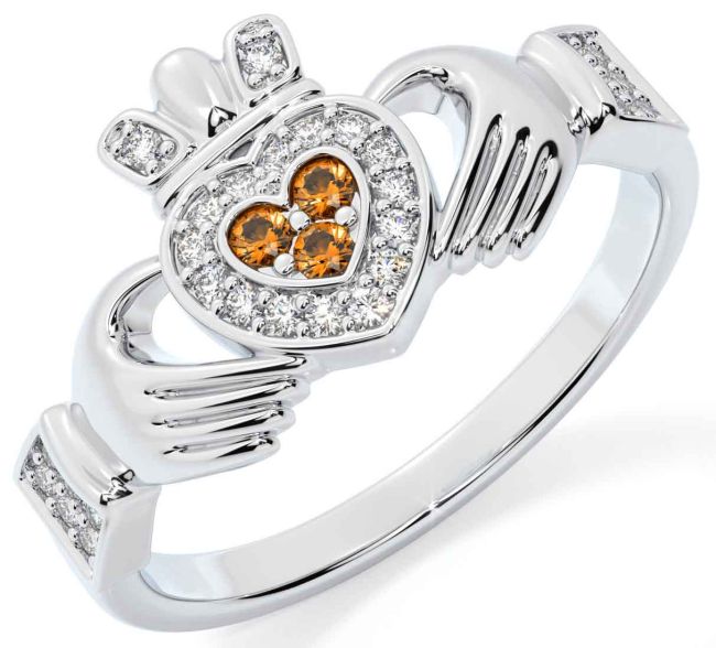 Diamond Citrine Silver Claddagh Ring