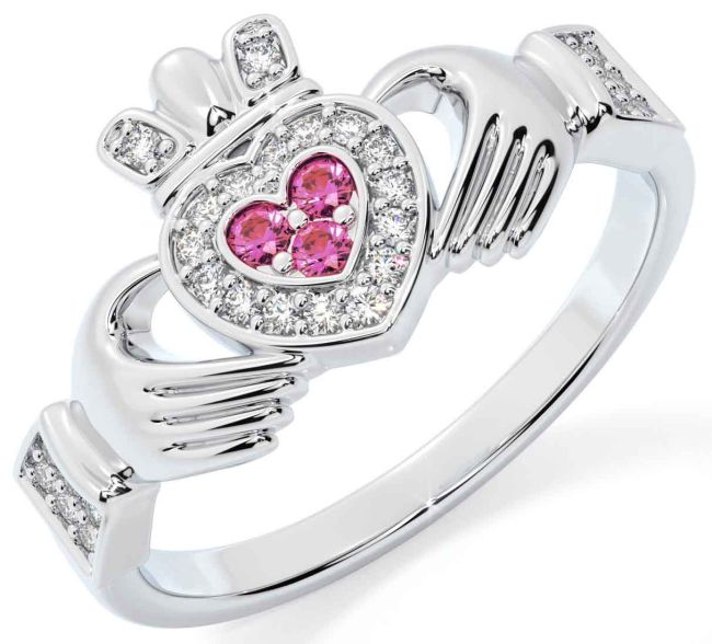 Diamond Pink Tourmaline Silver Claddagh Ring