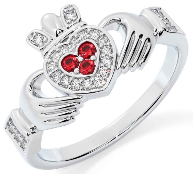 Diamond Ruby Silver Claddagh Ring