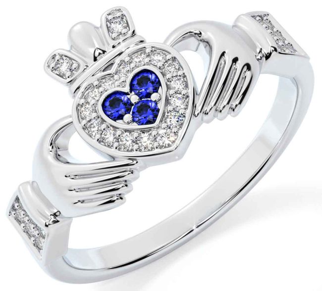 Diamond Sapphire Silver Claddagh Ring