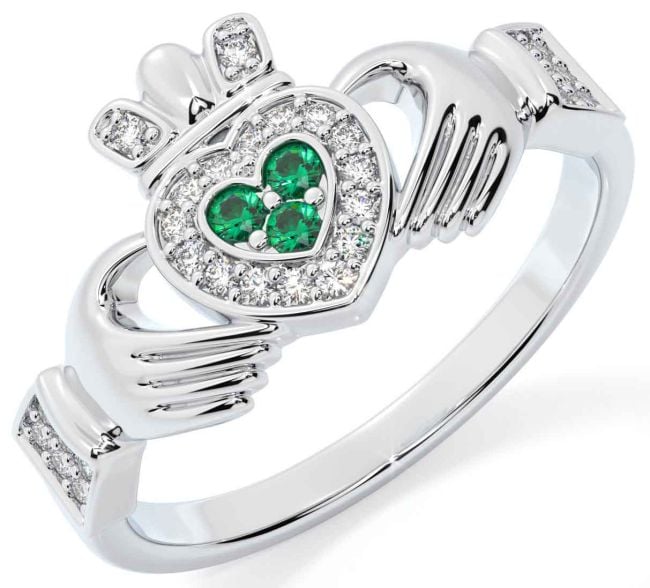 Diamond Emerald White Gold Claddagh Ring