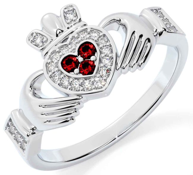 Diamond Garnet White Gold Claddagh Ring