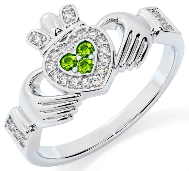 Diamond Peridot White Gold Claddagh Ring