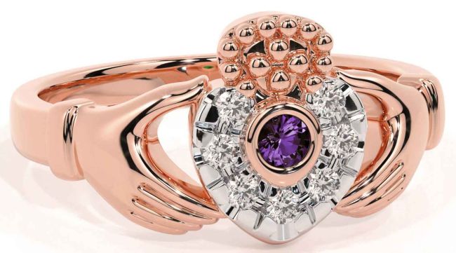 Diamond Alexandrite Rose Gold Silver Claddagh Ring