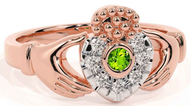 Diamond Peridot Rose Gold Silver Claddagh Ring