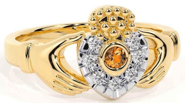 Diamante Citrino Oro Plata Claddagh Anillo