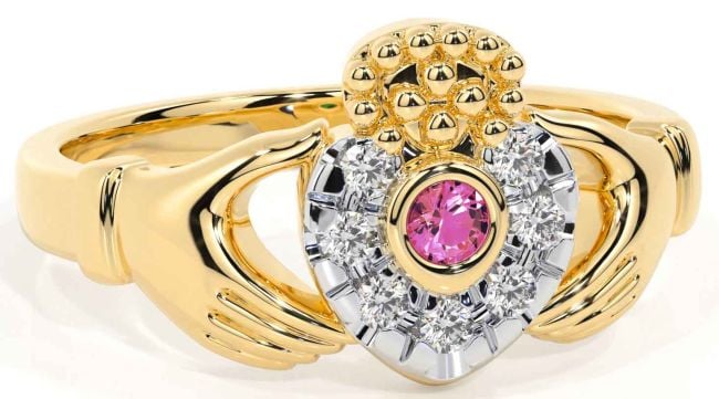 Diamond Pink Tourmaline Gold Silver Claddagh Ring