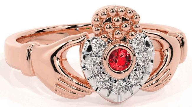 Diamond Ruby Rose Gold Claddagh Ring