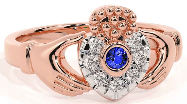 Diamond Sapphire Rose Gold Claddagh Ring