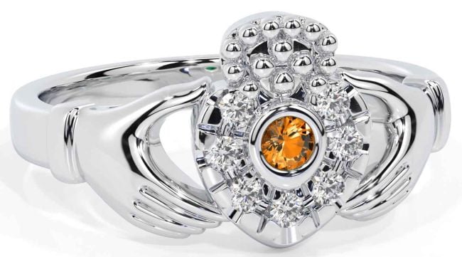 Diamond Citrine Silver Claddagh Ring