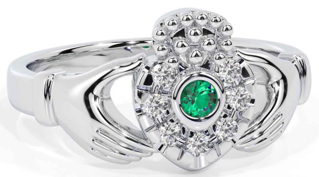 Diamond Emerald Silver Claddagh Ring