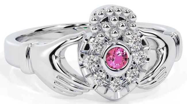 Diamond Pink Tourmaline Silver Claddagh Ring