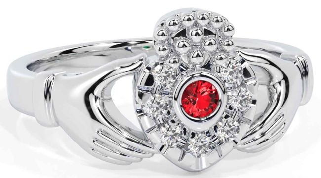 Diamond Ruby Silver Claddagh Ring