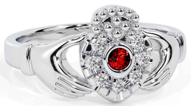 Diamond Garnet White Gold Claddagh Ring