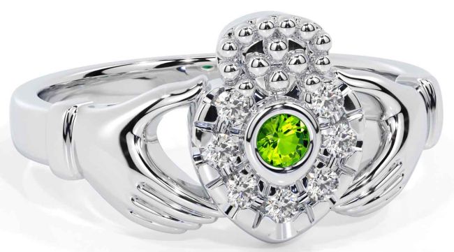 Diamond Peridot White Gold Claddagh Ring