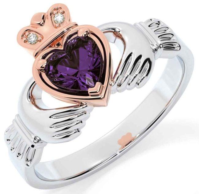 Diamond Alexandrite Rose Gold Silver Claddagh Ring