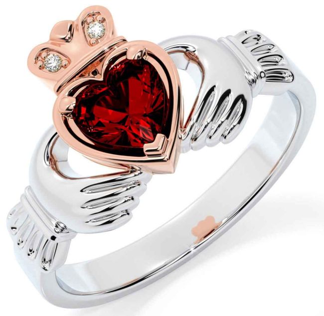 Diamond Garnet Rose Gold Silver Claddagh Ring