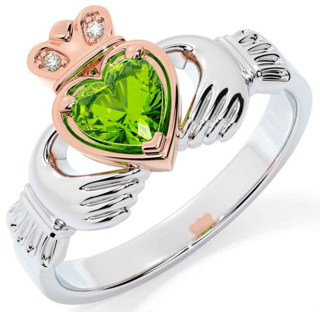 Diamond Peridot Rose Gold Silver Claddagh Ring