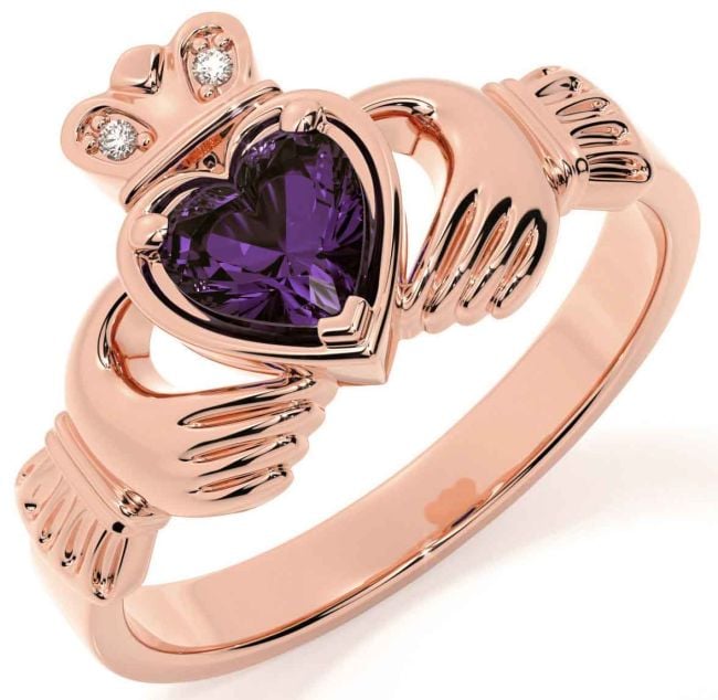 Diamond Alexandrite Rose Gold Silver Claddagh Ring