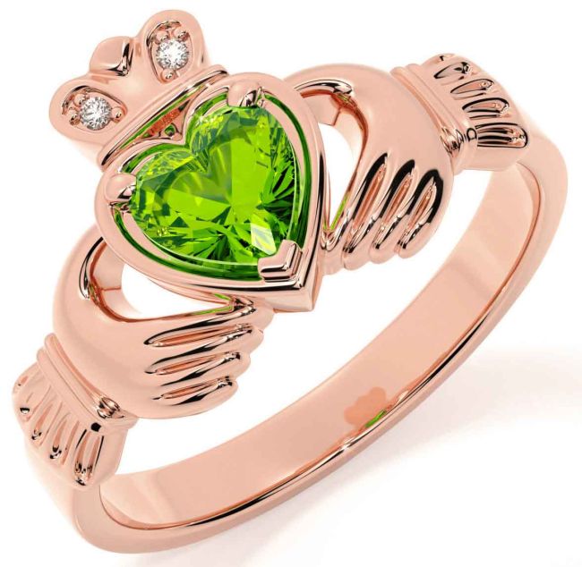 Diamond Peridot Rose Gold Silver Claddagh Ring