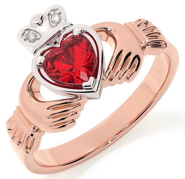 Diamond Ruby Rose Gold Silver Claddagh Ring