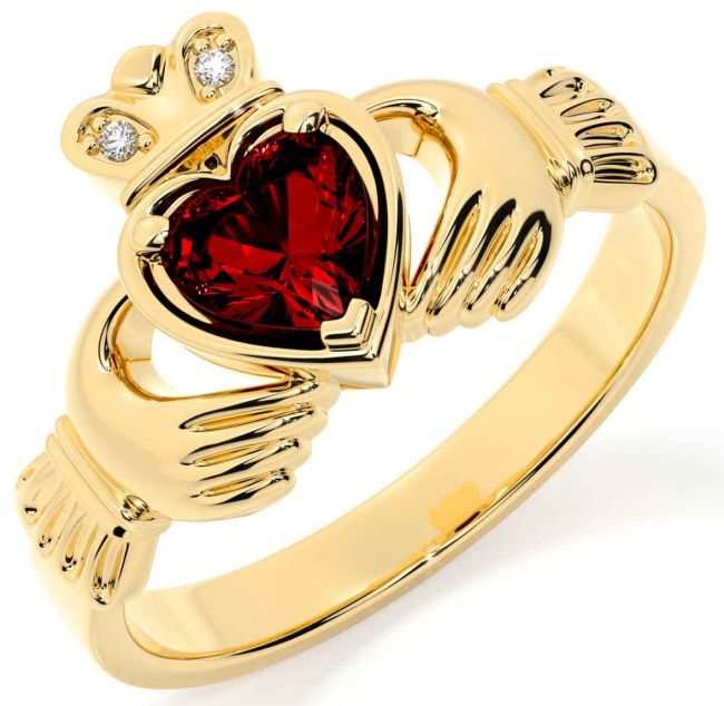 Diamond Garnet Gold Silver Claddagh Ring