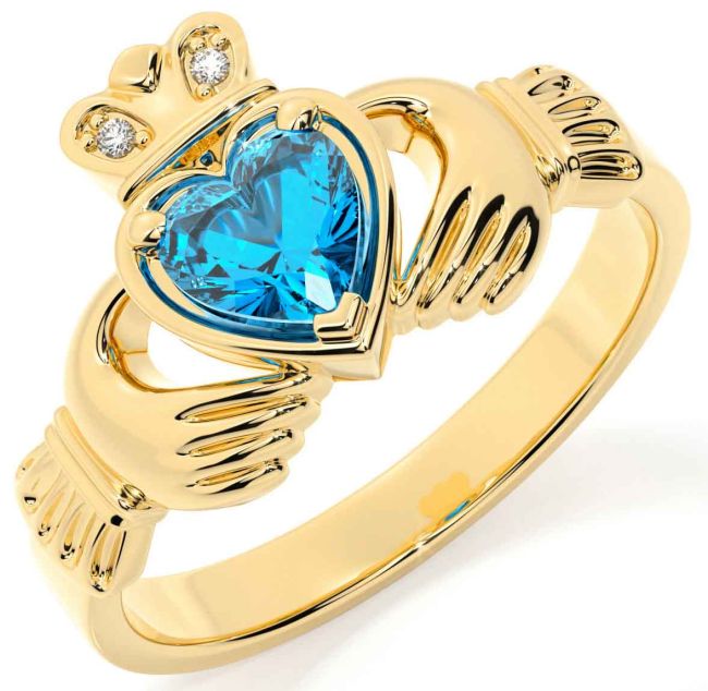 Diamond Topaz Gold Silver Claddagh Ring