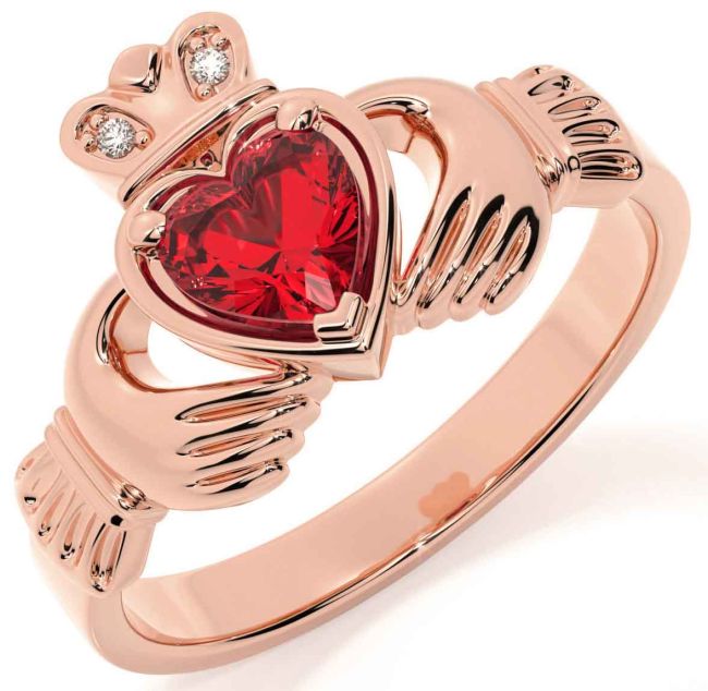 Diamond Ruby Rose Gold Claddagh Ring