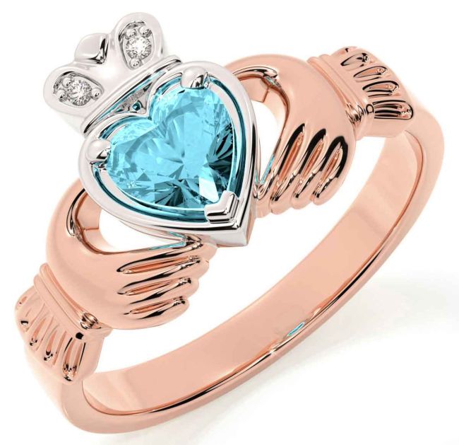 Diamond Aquamarine White Rose Gold Claddagh Ring