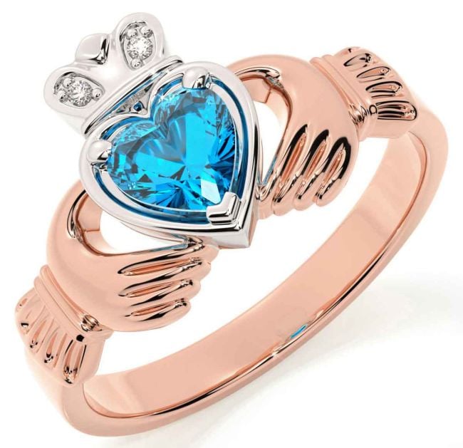 Diamond Topaz White Rose Gold Claddagh Ring