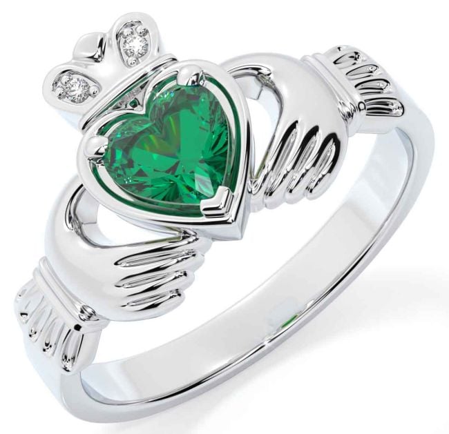 Diamond Emerald Silver Claddagh Ring