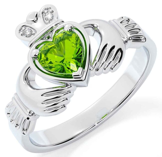 Diamond Peridot Silver Claddagh Ring