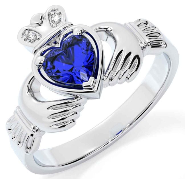 Diamond Sapphire Silver Claddagh Ring