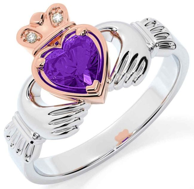 Diamond Amethyst Rose Gold Silver Claddagh Ring