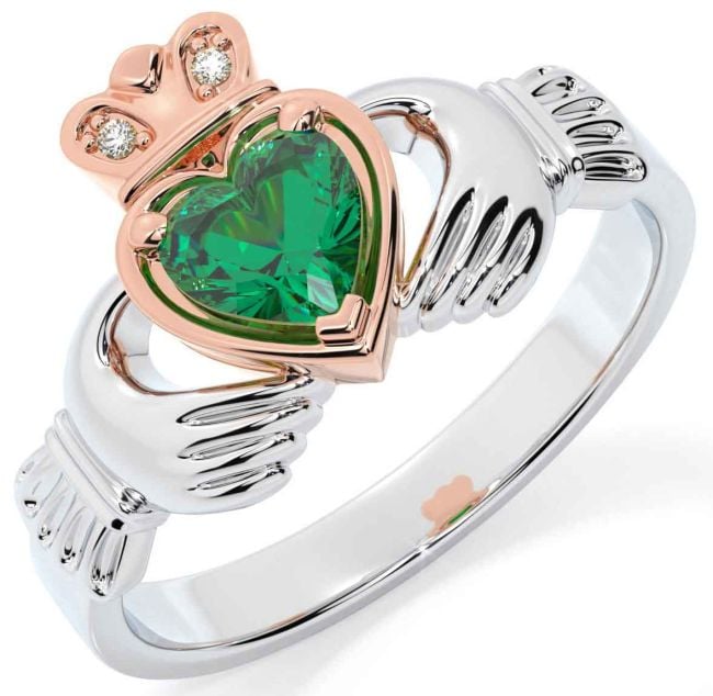 Diamond Emerald Rose Gold Silver Claddagh Ring