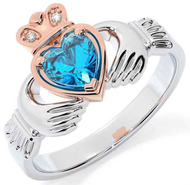 Diamond Topaz Rose Gold Silver Claddagh Ring