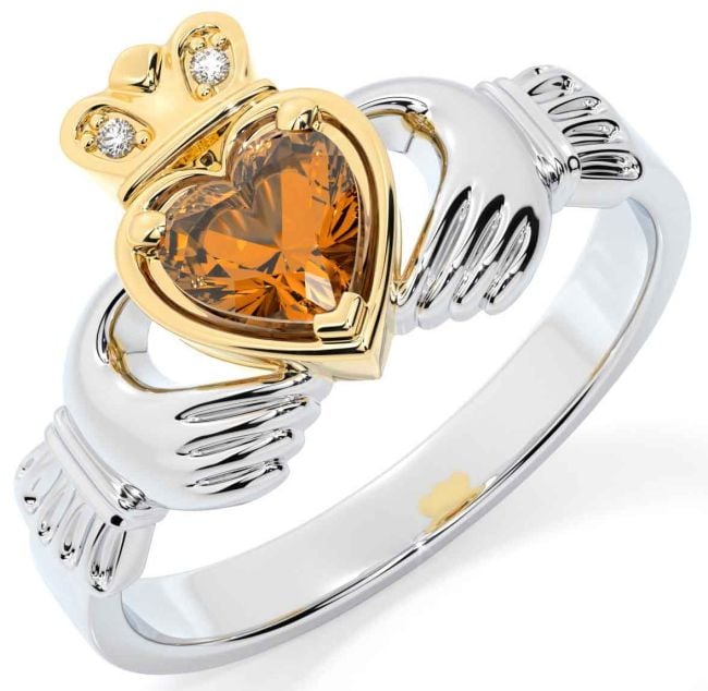 Diamond Citrine Gold Silver Claddagh Ring