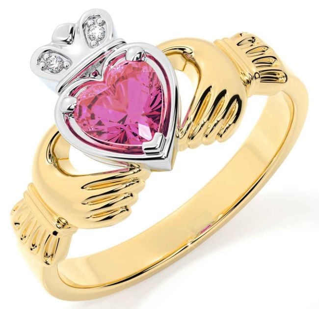 Diamond Pink Tourmaline White Yellow Gold Claddagh Ring