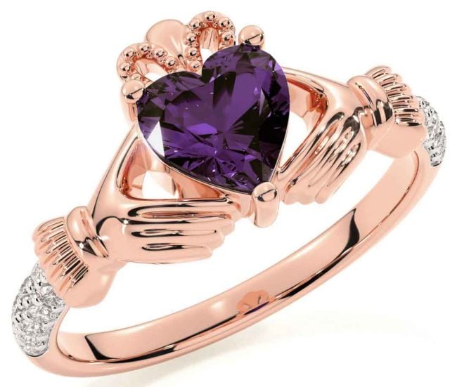 Diamond Alexandrite Rose Gold Silver Claddagh Ring