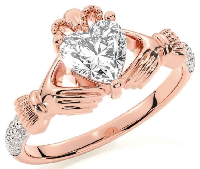 Diamond Rose Gold Silver Claddagh Ring